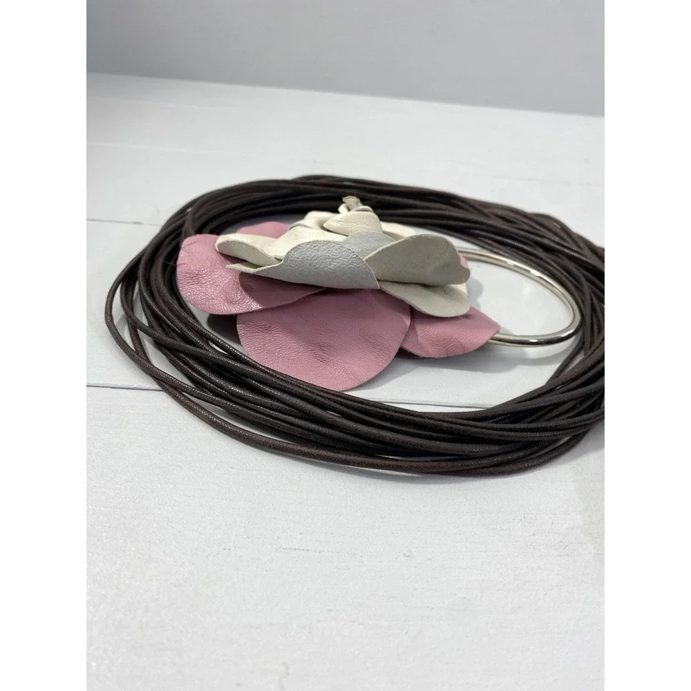 Y2K LC Leather Petal Flower Cord Wrap Belt O/S Pink Boho Floral Brown Cord Rose
